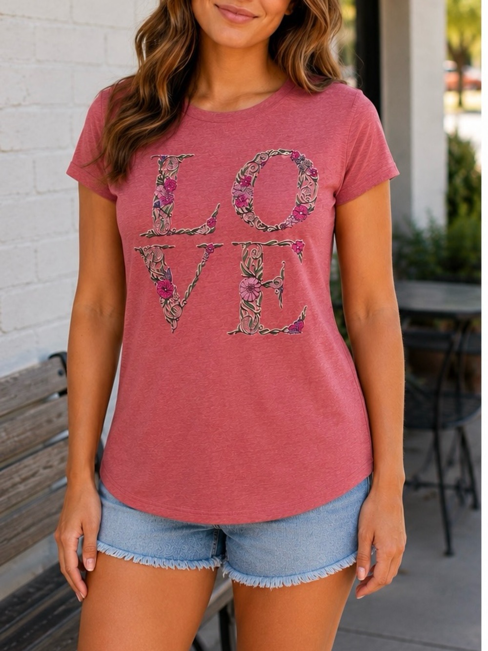 LOVE Floral Graphic Tee - Dusty Rose